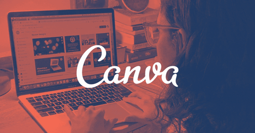 A Woman Is Typing On A Laptop With A Canva Logo In The Foreground GIF