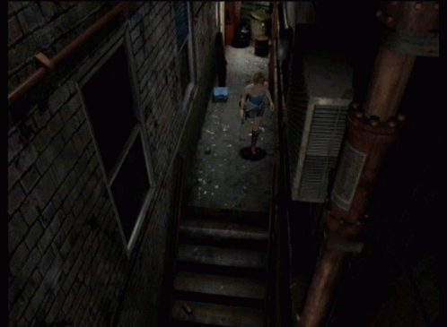 A Woman Is Walking Down A Set Of Stairs In A Dark Alleyway GIF