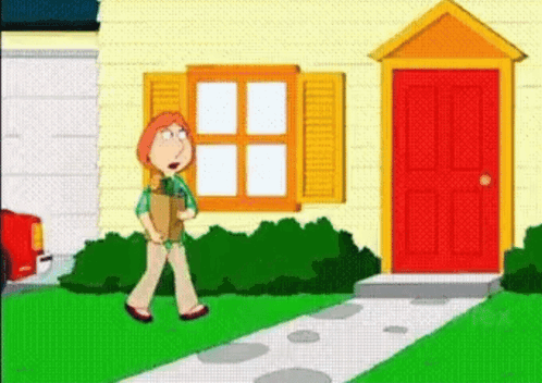 A Woman Is Walking Down A Sidewalk In Front Of A House . GIF
