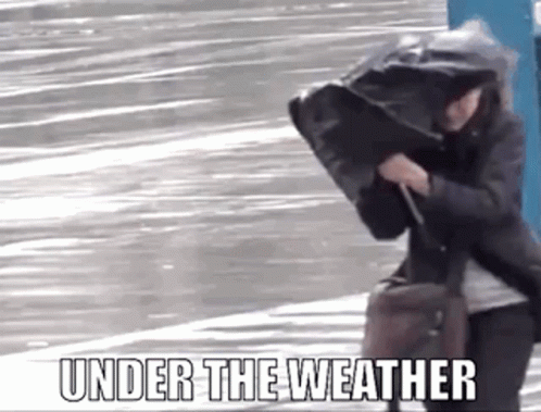 A Woman Is Walking Down The Street With A Bag On Her Head And The Words `` Under The Weather '' Written Above Her . GIF