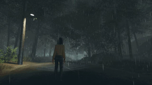 A Woman Is Walking In The Rain In A Dark Forest GIF