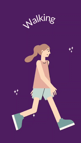 A Woman Is Walking On A Purple Background And The Word Walking Is On The Bottom GIF
