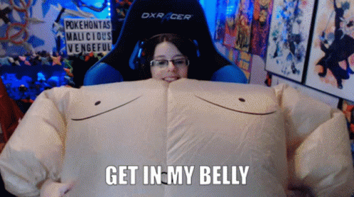 A Woman Is Wearing A Costume That Says " Get In My Belly " On The Bottom GIF