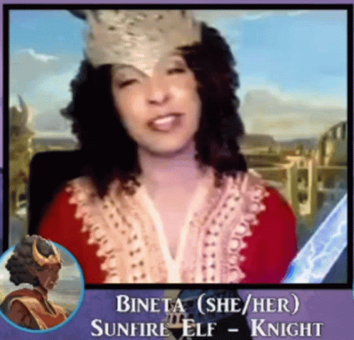 A Woman Is Wearing A Crown And Holding A Sword And The Name Bineta Is On The Bottom GIF