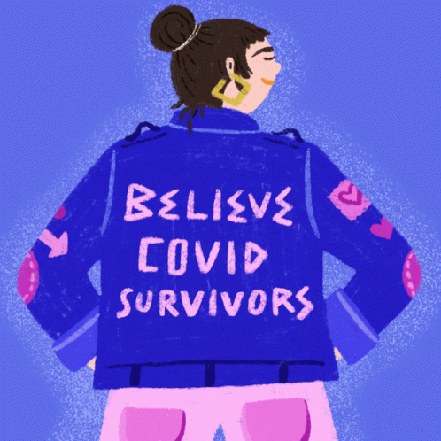 A Woman Is Wearing A Jacket That Says Believe Covid Survivors GIF