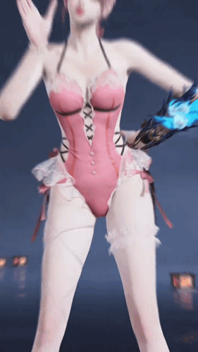 a woman is wearing a pink swimsuit and holding a blue object .