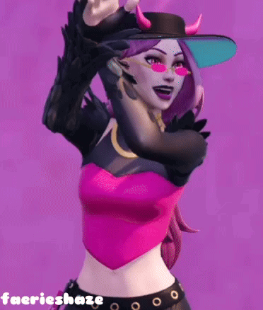 A Woman Is Wearing A Pink Top And A Hat With Horns On It . GIF