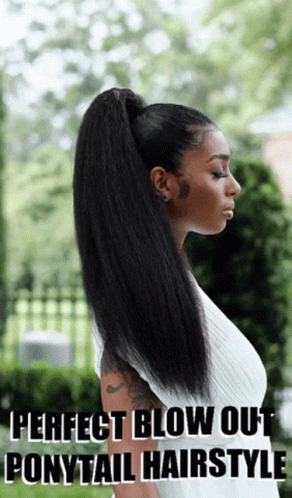 A Woman Is Wearing A Ponytail Hairstyle With The Words Perfect Blow Out Ponytail Hairstyle Above Her GIF
