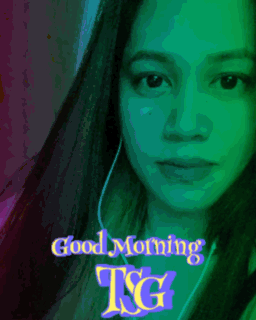 A Woman Is Wearing Headphones And The Words Good Morning Tsg Are Above Her GIF