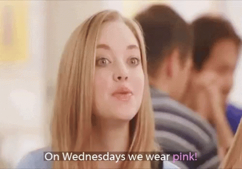 A Woman Is Wearing Pink On Wednesdays While Standing In Front Of A Group Of People . GIF