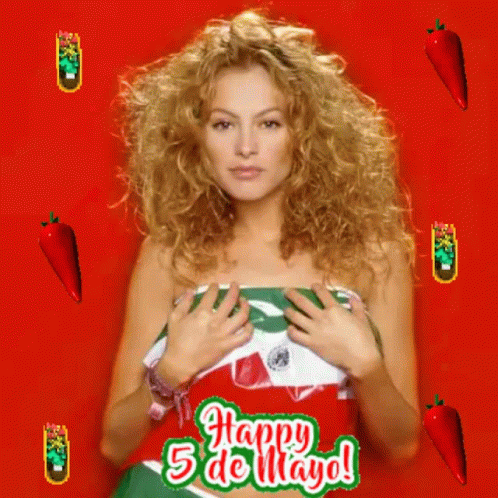 A Woman Is Wrapped In A Mexican Flag And The Words Happy 5 De Mayo Are Surrounded By Tacos GIF
