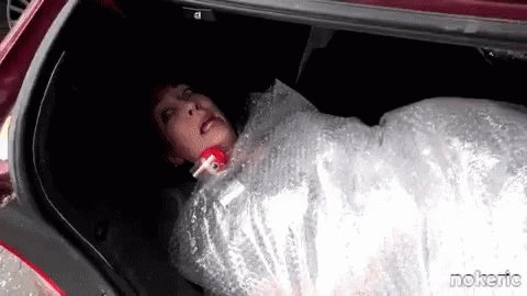 A Woman Is Wrapped In Bubble Wrap In The Back Of A Car . GIF