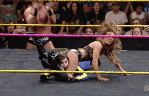 A Woman Is Wrestling A Man In A Wrestling Ring With A Wwe Logo In The Corner GIF