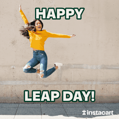 A Woman Jumping In The Air With The Words Happy Leap Day GIF