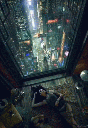 A Woman Laying On The Floor In Front Of A Window With A Sign That Says Steamer Hot GIF