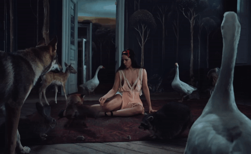 A Woman Laying On The Floor Surrounded By Dogs And Geese GIF