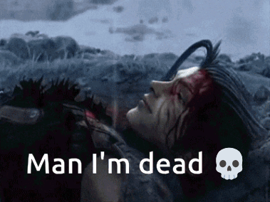 A Woman Laying On The Ground With Blood On Her Face And The Words Man I 'M Dead Above Her GIF
