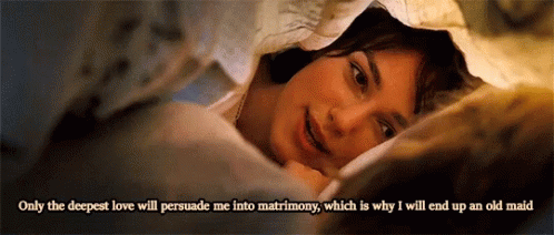 A Woman Laying Under A Blanket With The Words Only The Deepest Love Will Persuade Me Into Matrimony Written Below Her GIF