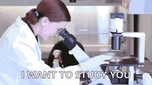 A Woman Looking Through A Microscope With The Words " I Want To Study You " Written Below Her GIF