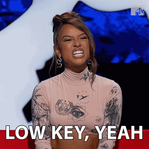 A Woman Making A Funny Face With The Words Low Key Yeah Behind Her GIF