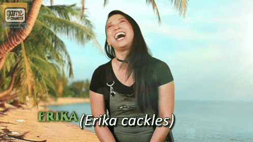 A Woman Named Erika Is Laughing On A Beach With Palm Trees GIF