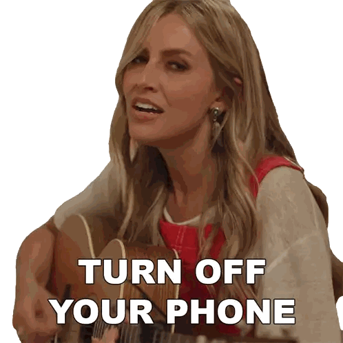 a woman playing a guitar with the words " turn off your phone " written below her