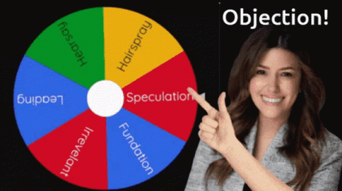 a woman pointing at a spinning wheel that says objection on it