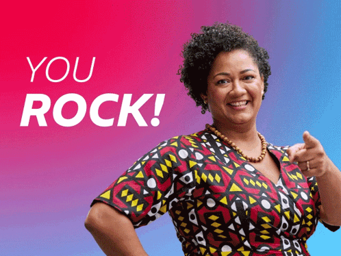 A Woman Pointing At The Camera With The Words " You Rock " In The Background GIF