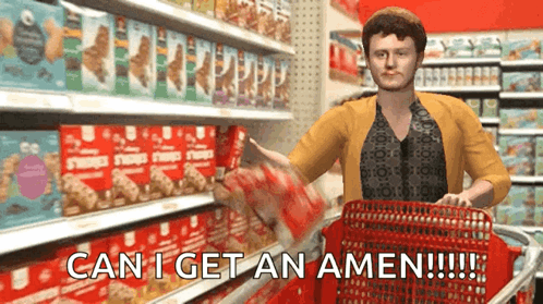 A Woman Pushing A Shopping Cart In A Grocery Store With The Words Can I Get An Amen Written On The Bottom GIF