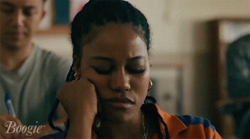 A Woman Rests Her Head On Her Hand And The Word Boogie Is On The Bottom Right GIF