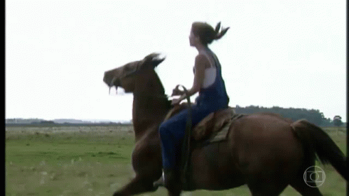 A Woman Riding A Brown Horse In A Field GIF