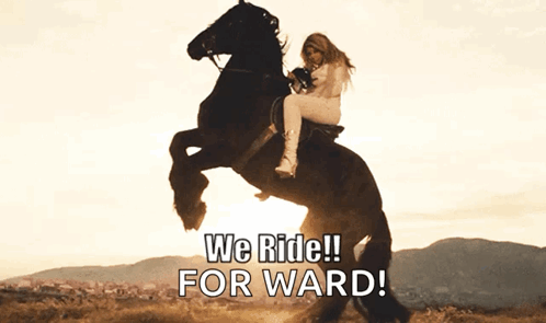 A Woman Riding A Horse With The Words We Ride For Ward Written Below Her GIF