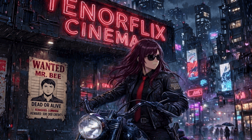 a woman riding a motorcycle in front of a neon sign that says tenerflix cinema