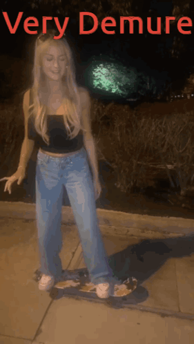 Woman Riding Skateboard With Very Demure Text GIF