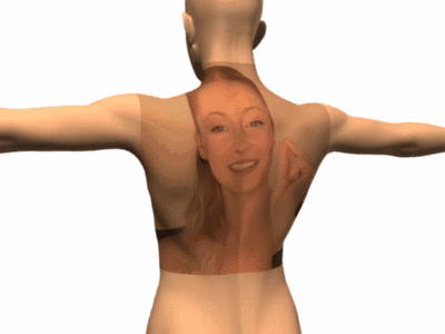 A Woman 'S Back Is Shown With A Picture Of Her Face On It GIF