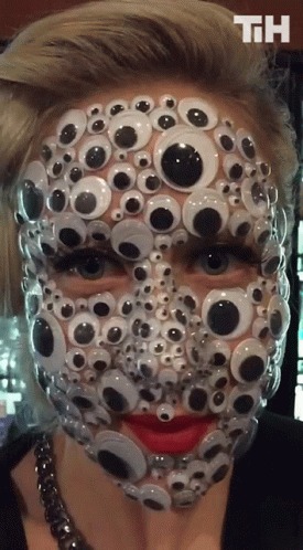 A Woman 'S Face Is Covered In Googly Eyes With The Letters Th On The Bottom GIF