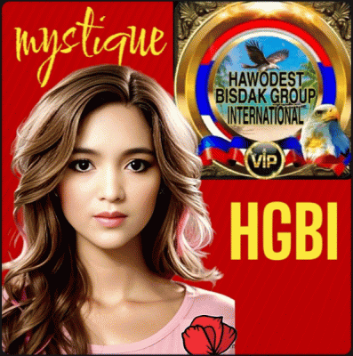 A Woman 'S Face Is On A Red Background With The Words Mystique And Habudest Bisdak Group International GIF