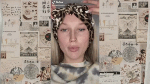 A Woman 'S Face Is Shown In Front Of A Collage Of Papers Including One That Says I Love You I Love GIF