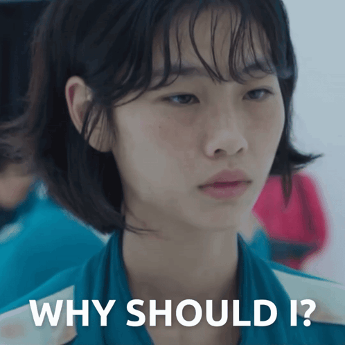 A Woman 'S Face Is Shown With The Words " Why Should I " Below It GIF
