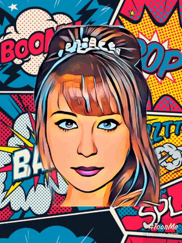A Woman 'S Face Is Surrounded By Comic Book Speech Bubbles Including One That Says ' Boom ' GIF