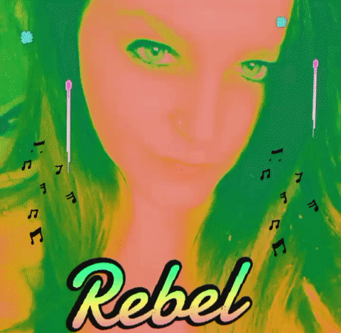 A Woman 'S Face Is Surrounded By Music Notes And The Word Rebel Is On The Bottom GIF