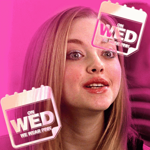 A Woman 'S Face Is Surrounded By Pink Stickers That Say On Wed We Wear Pink GIF