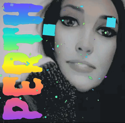 A Woman 'S Face Is Surrounded By Rainbow Colored Letters That Read Peace GIF