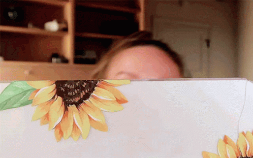 A Woman 'S Face Is Visible Behind A White Item With Sunflowers Painted On It GIF