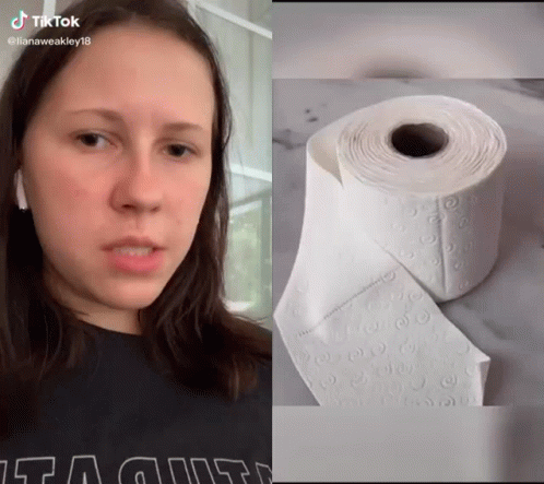 A Woman 'S Face Next To A Roll Of Toilet Paper That Says Tiktok GIF