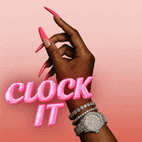 A Woman 'S Hand With Long Pink Nails And A Watch Has The Words Clock It Above It GIF