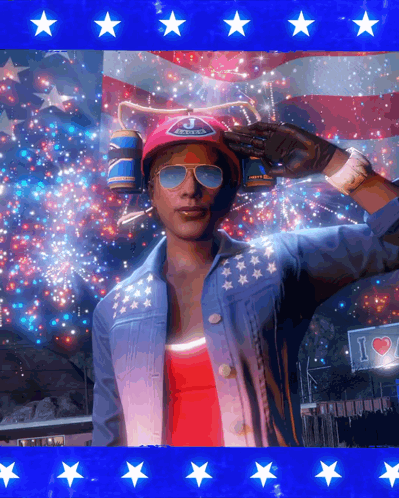 A Woman Salutes In Front Of An American Flag With A Sign That Says I Love America GIF