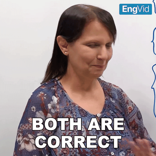 A Woman Says Both Are Correct In Front Of A Sign That Says Engvid GIF