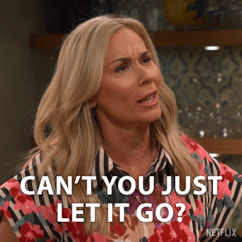 A Woman Says " Can 'T You Just Let It Go " While Wearing A Striped Shirt GIF