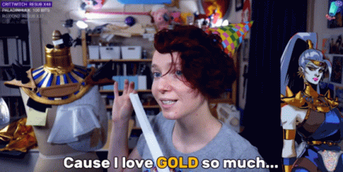 A Woman Says " Cause I Love Gold So Much " In Front Of A Mannequin GIF